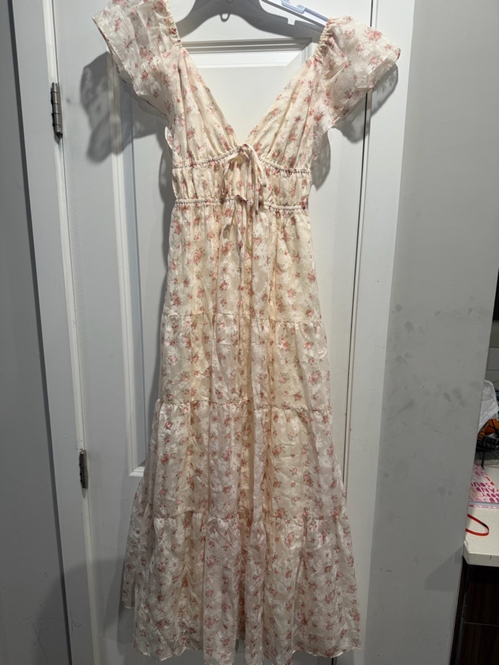 Altar'd State ENCHANTED FLORAL & GINGHAM RUFFLED MAXI DRESS IN CREAM/PEACH S-XS - Picture 9 of 16